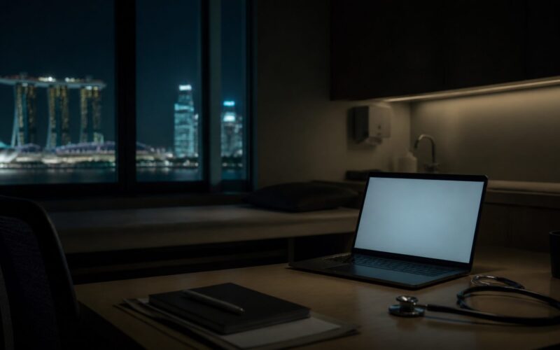 Laptop glowing on a desk in a dim Singapore clinic consultation room