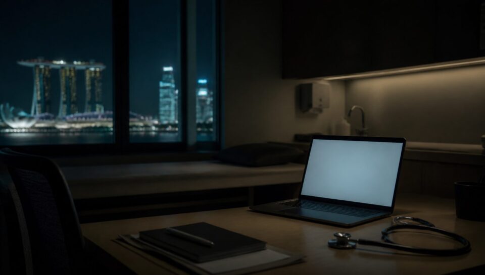 ChatGPT and clinic compliance Laptop glowing on a desk in a dim Singapore clinic consultation room