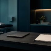 Compliant clinic content structured for AI search Closed laptop and blank clinical forms on a consultation room desk