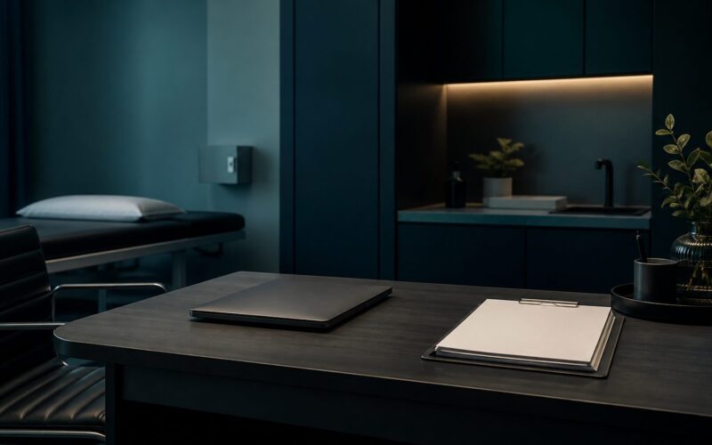 Closed laptop and blank clinical forms on a consultation room desk
