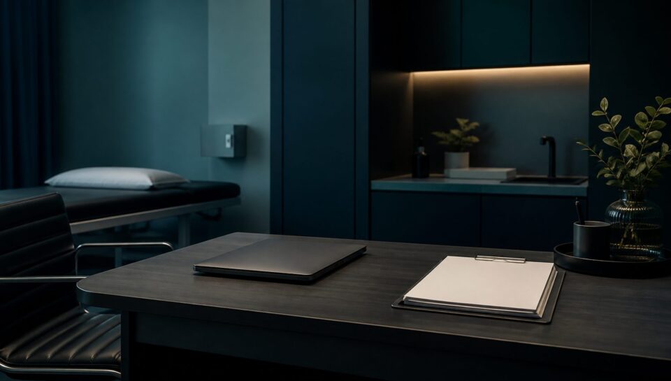 Closed laptop and blank clinical forms on a consultation room desk