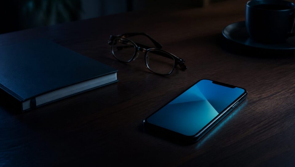 Smartphone glowing beside a notebook and reading glasses on a dark desk
