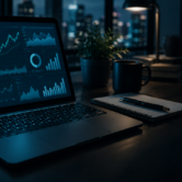 Laptop showing an analytics dashboard on a desk at night