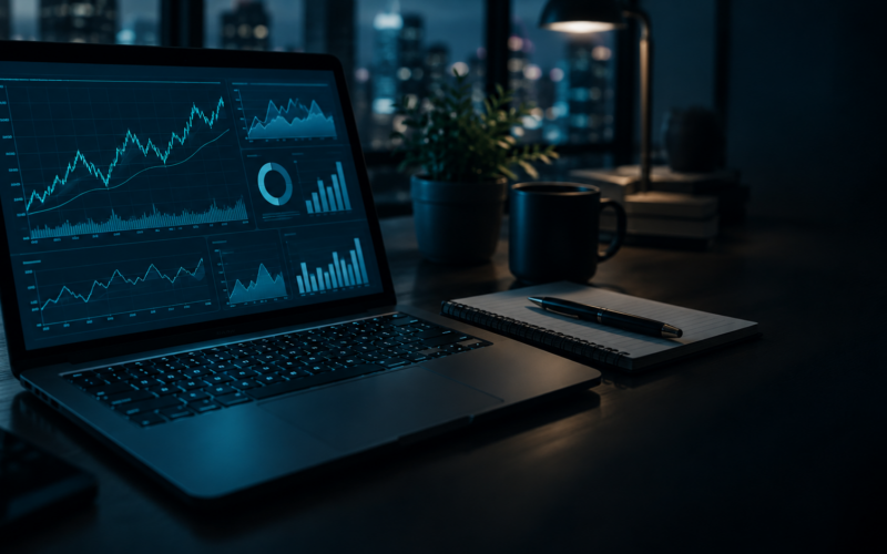 Laptop showing an analytics dashboard on a desk at night