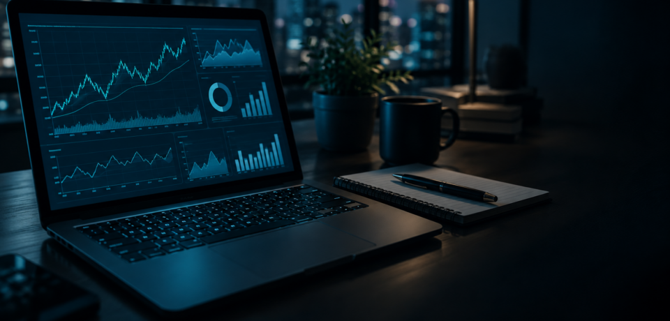 Laptop showing an analytics dashboard on a desk at night