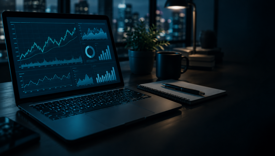 Laptop showing an analytics dashboard on a desk at night