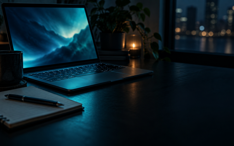 Laptop on a dark desk beside a notebook and pen, city lights behind