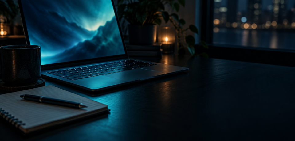 Laptop on a dark desk beside a notebook and pen, city lights behind