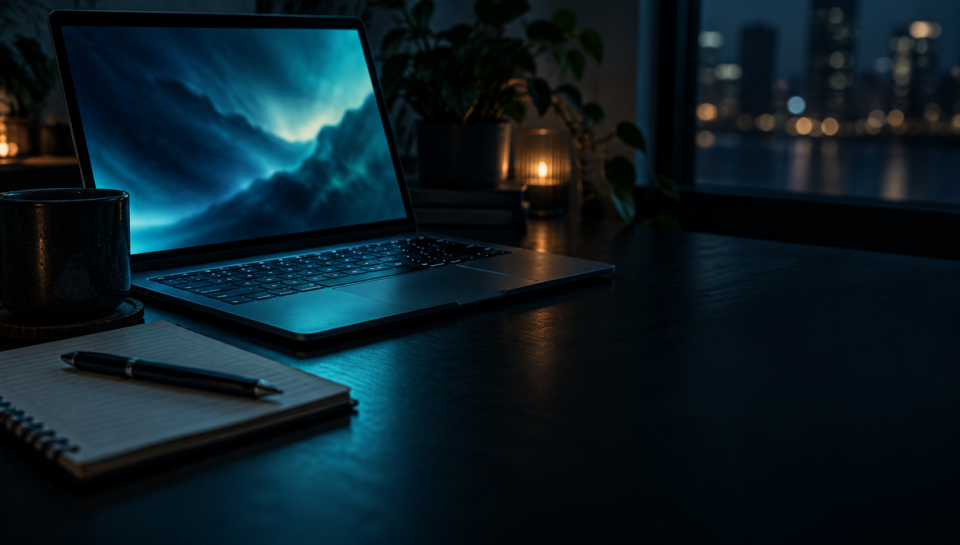 Laptop on a dark desk beside a notebook and pen, city lights behind